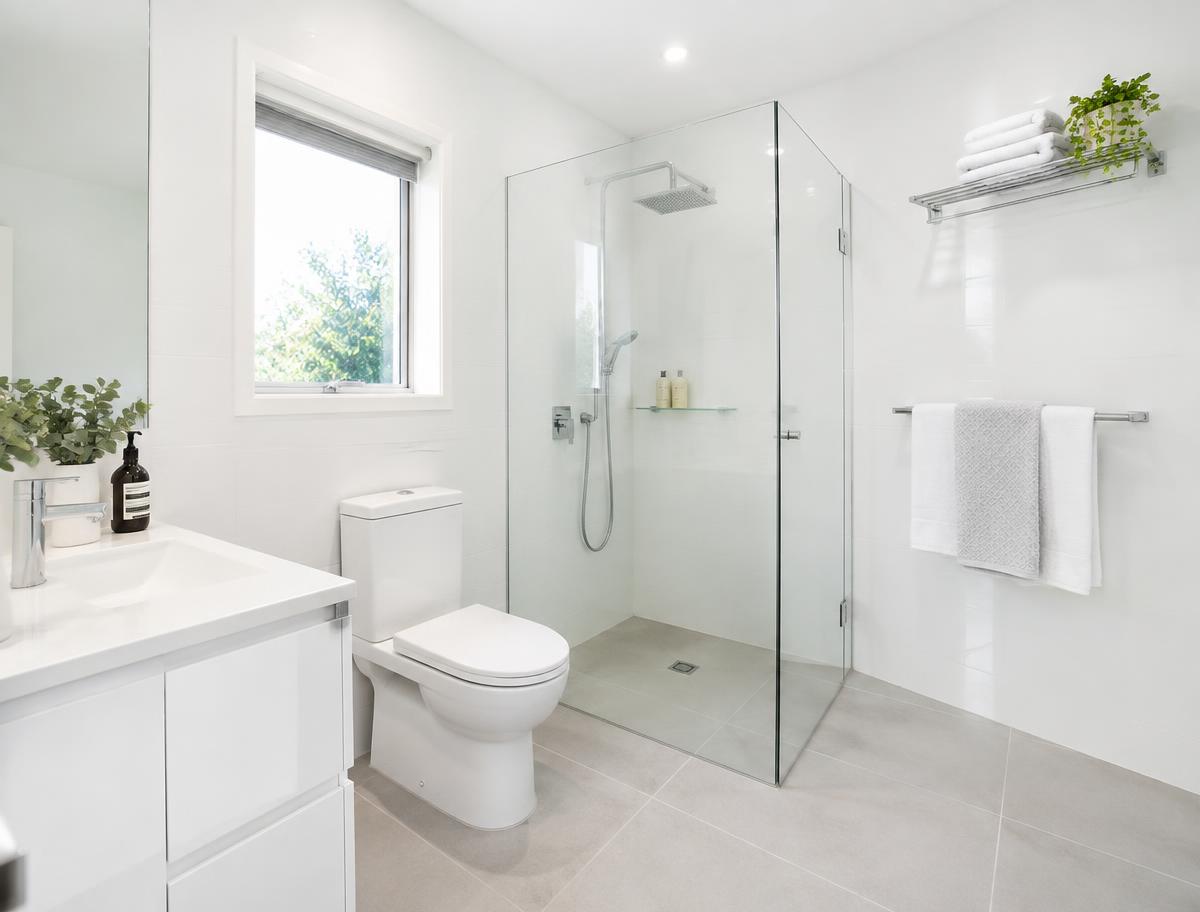 Fresh white bathroom with folded towels