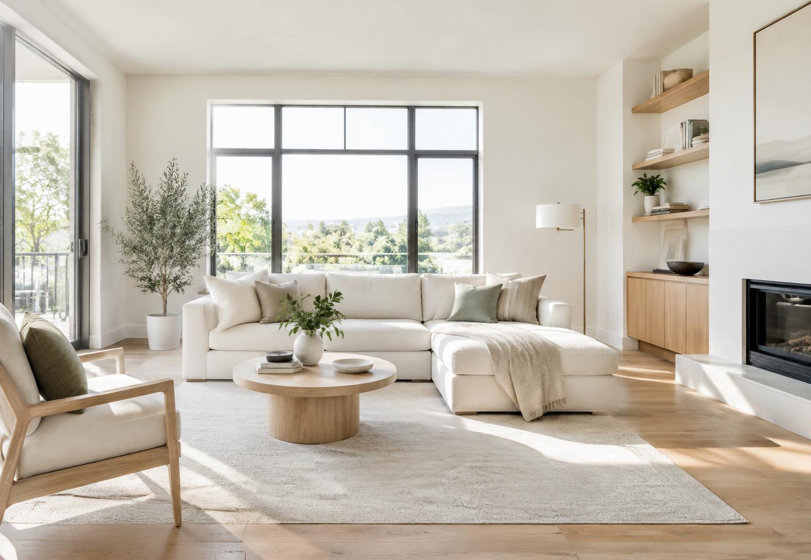 Bright, tidy living room with natural light representing a professionally cleaned home